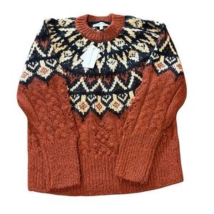 NWT Chelsea & Theodore Rust Crewneck Sweater Black and Cream Yoke size Large